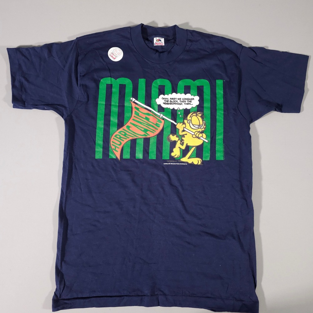 Fruit of the Loom T-Shirt Mens L Navy Garfield Miami Hurricanes Vintage USA